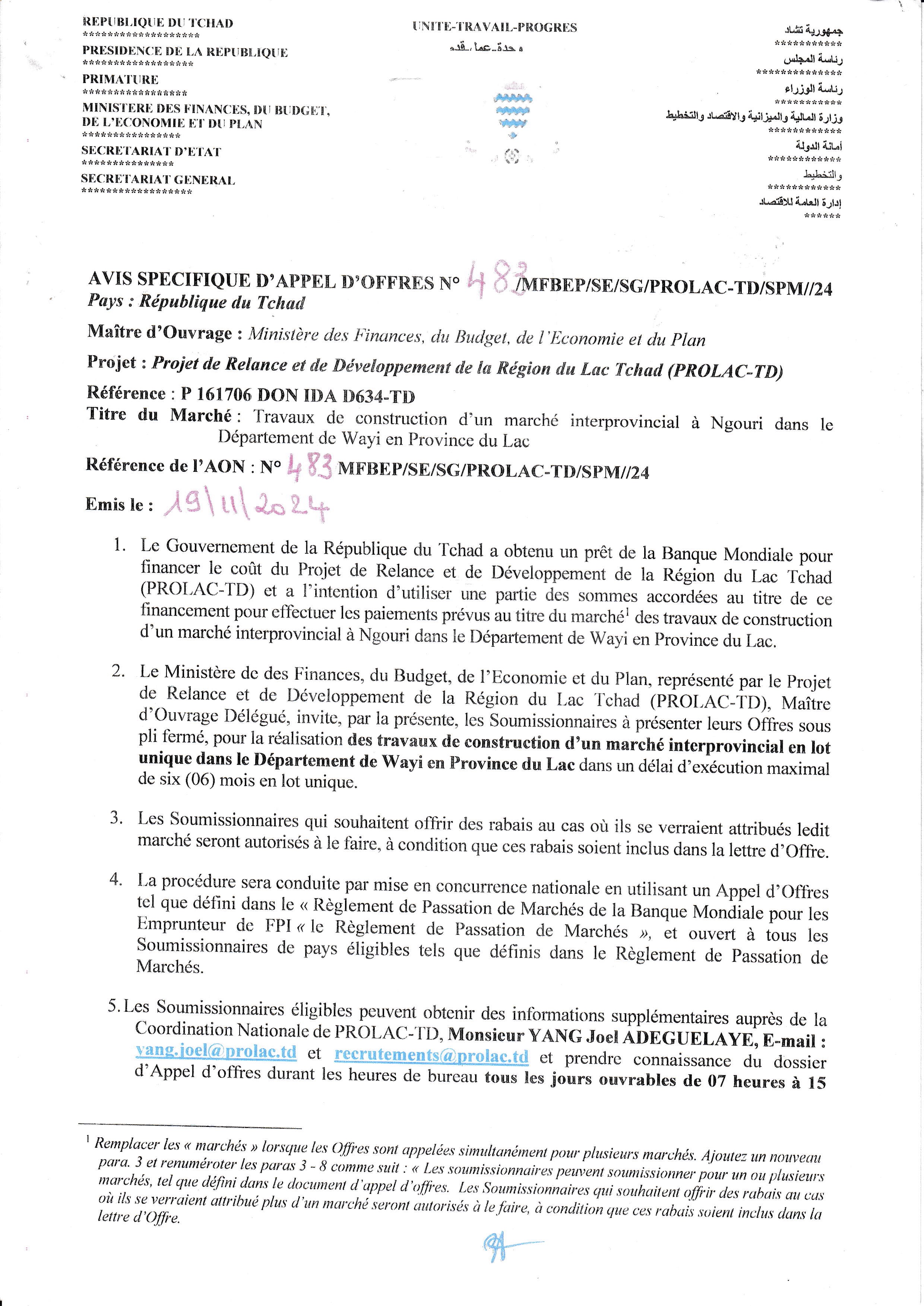 Tchad : Avis spécifique d'appel d'offres pour la construction d'un marché interprovincial à Ngouri (Projet PROLAC-TD)