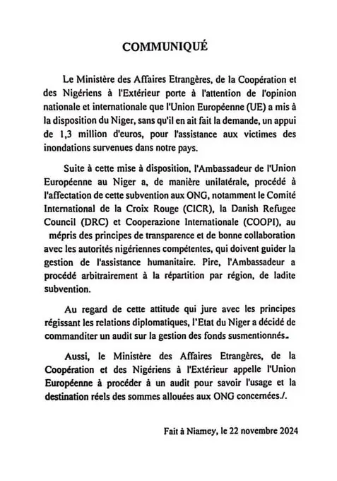 Le Niger accuse l'UE de mauvaise gestion des fonds d'aide aux sinistrés des inondations