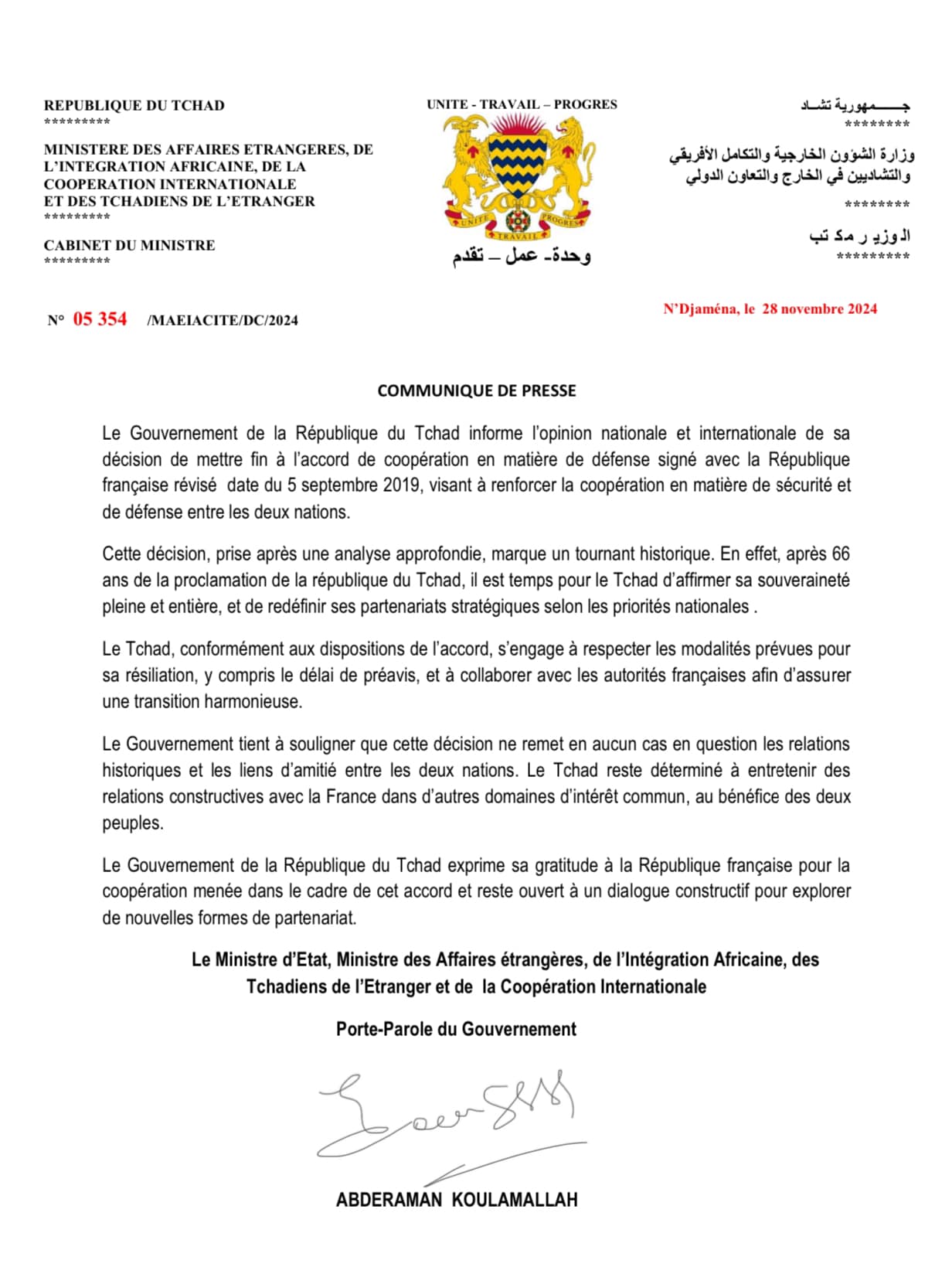 Le Tchad met fin à l'accord de coopération en matière de défense signé avec la France