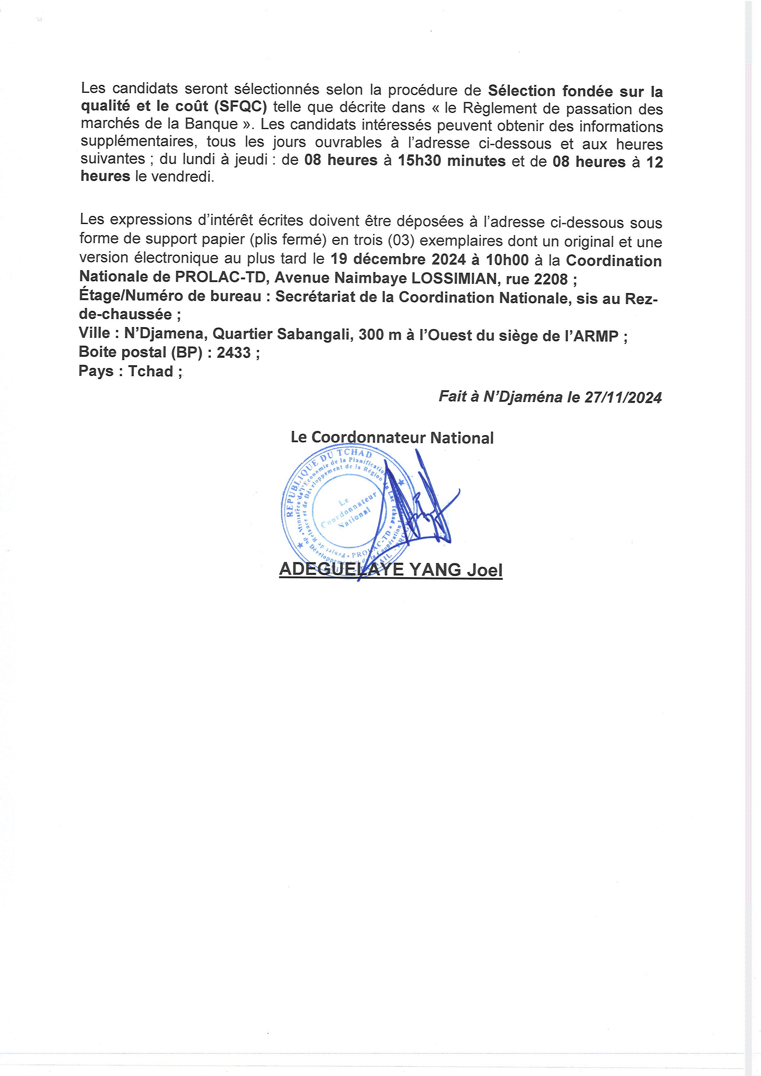 Tchad : Recrutement d'un Bureau pour le contrôle et la supervision des travaux du marché interprovincial de Ngouri (Projet PROLAC-TD)