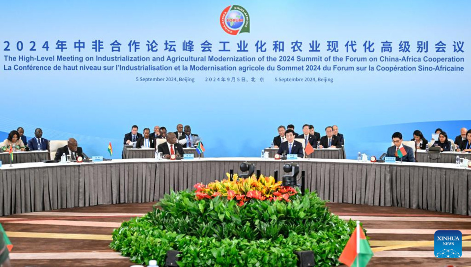 A high-level meeting on industrialization and agricultural modernization of the 2024 Summit of the Forum on China-Africa Cooperation (FOCAC) is held at the China National Convention Center in Beijing, capital of China, Sept. 5, 2024. Wang Huning, a member of the Standing Committee of the Political Bureau of the Communist Party of China Central Committee and chairman of the National Committee of the Chinese People's Political Consultative Conference, and South African President Cyril Ramaphosa co-chaired the meeting. (Xinhua/Yin Bogu)