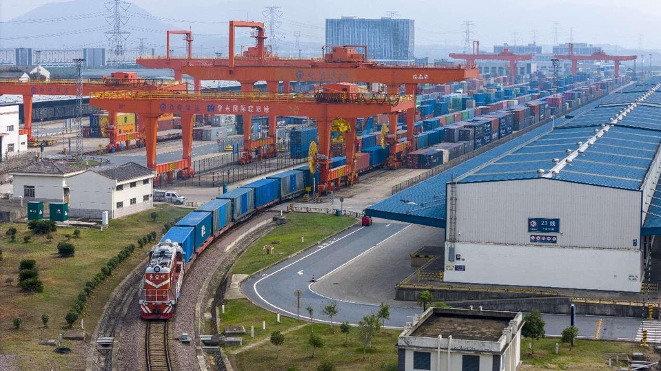 A fully loaded China-Europe freight train departs a cargo yard in Jindong district, Jinhua, east China's Zhejiang province and heads for Belarus, Oct. 9, 2024. (Photo by Hu Xiaofei/People's Daily Online)