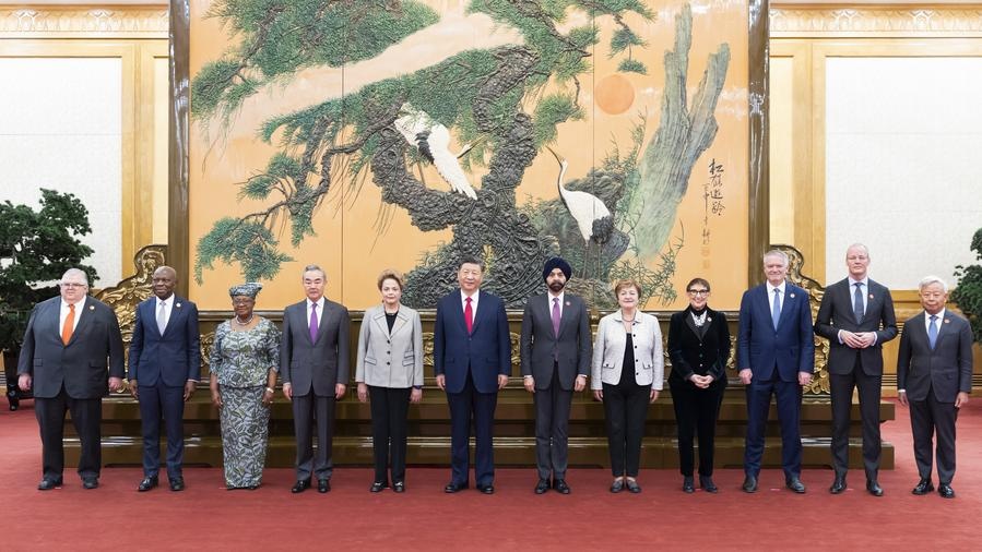 Chinese President Xi Jinping meets with heads of major international economic organizations, who came here for the "1+10" Dialogue, at the Great Hall of the People in Beijing, capital of China, Dec. 10, 2024. (Xinhua/Huang Jingwen)