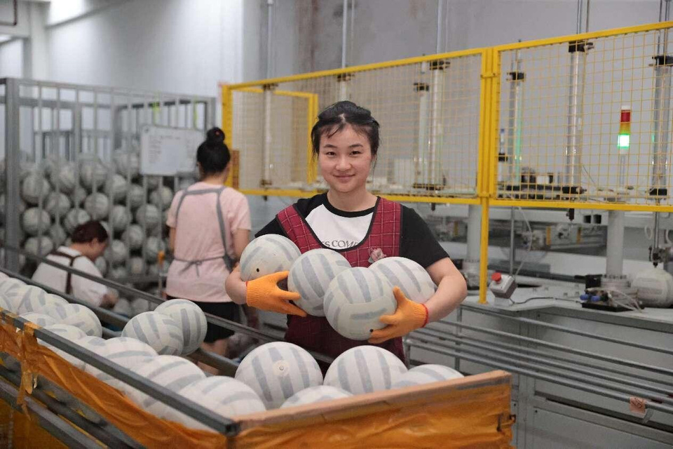 Soccer ball bladders for the 2024 Paris Olympic Games are manufactured in a workshop of Dingqi Sports Goods (Huai'an) Co., Ltd. in east China's Jiangsu province, July 18, 2024. (Photo by Wang Hao/People's Daily Online)