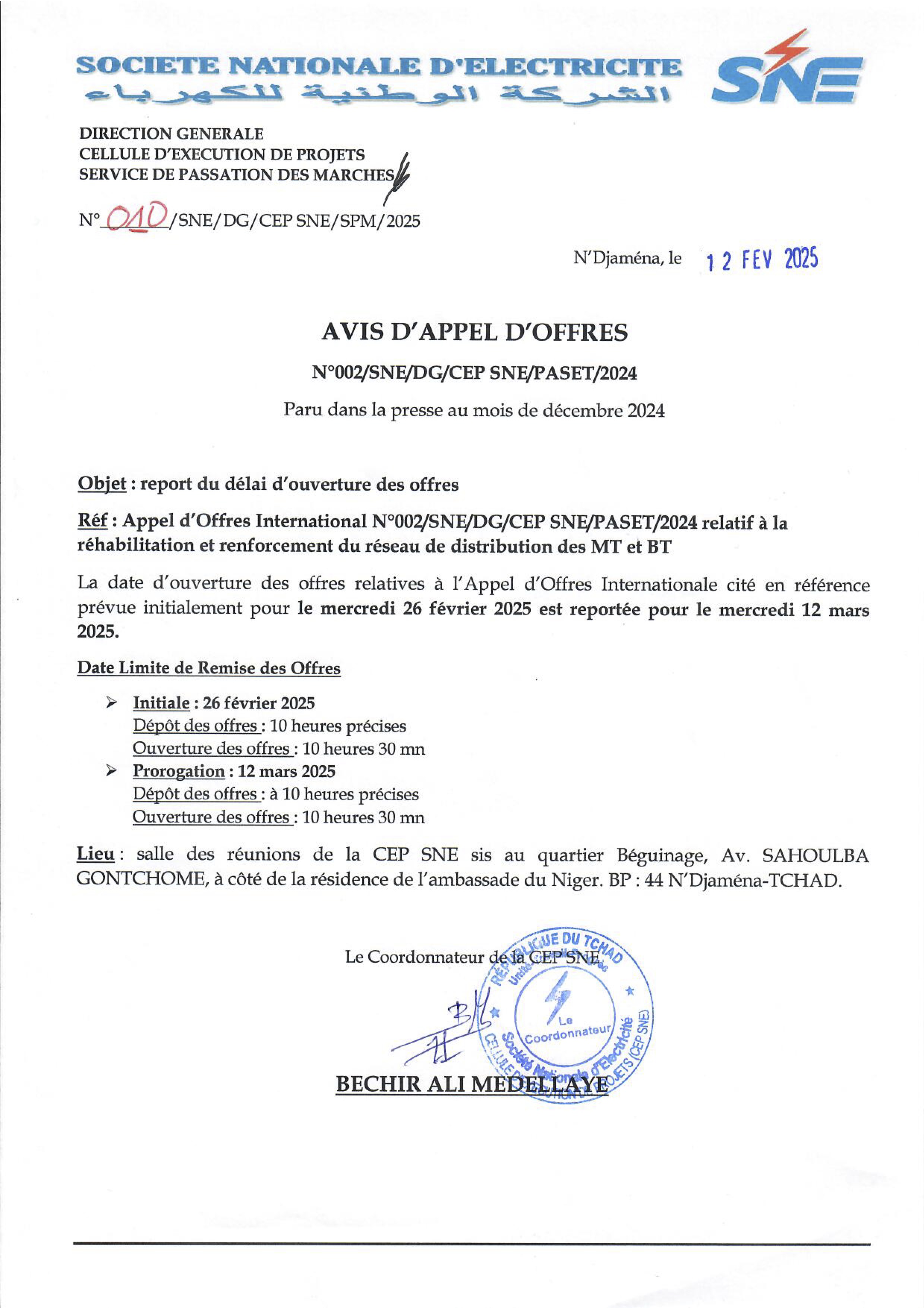 Tchad : Report par la CEP-SNE du délai d'ouverture des offres (AAOI n°002/SNE/PASET/2024) au 12 mars 2025