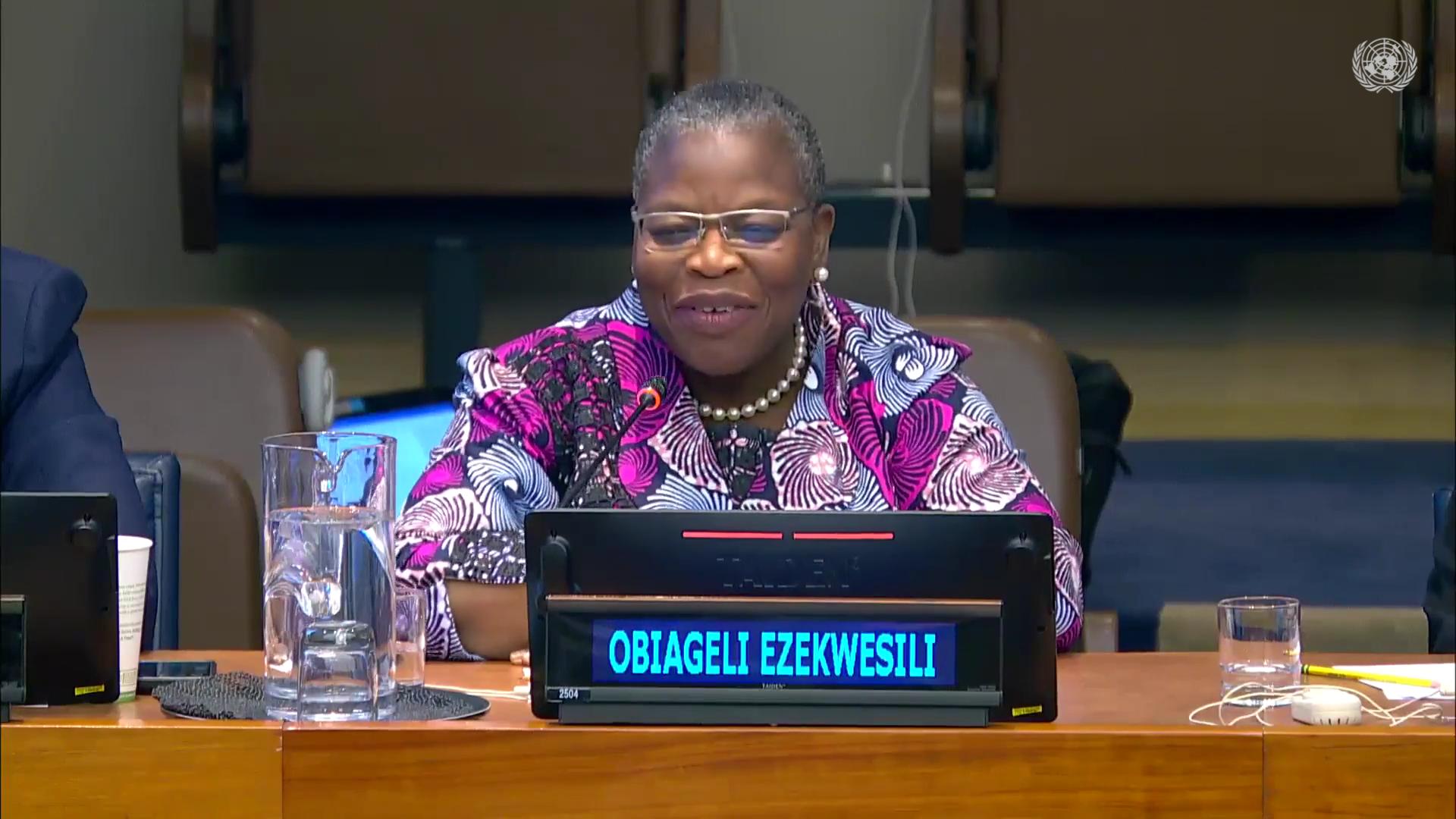 Obiageli Ezekwesili, s'exprimant pendant la séance. Photo : Télévision des Nations Unies