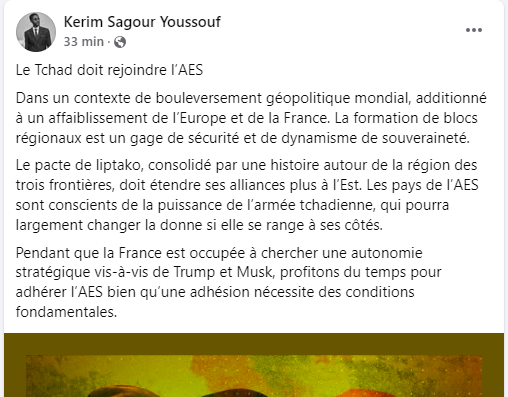 "Le Tchad doit rejoindre l’AES" estime le géopoliticien Tchadien Kerim Sagour Youssouf