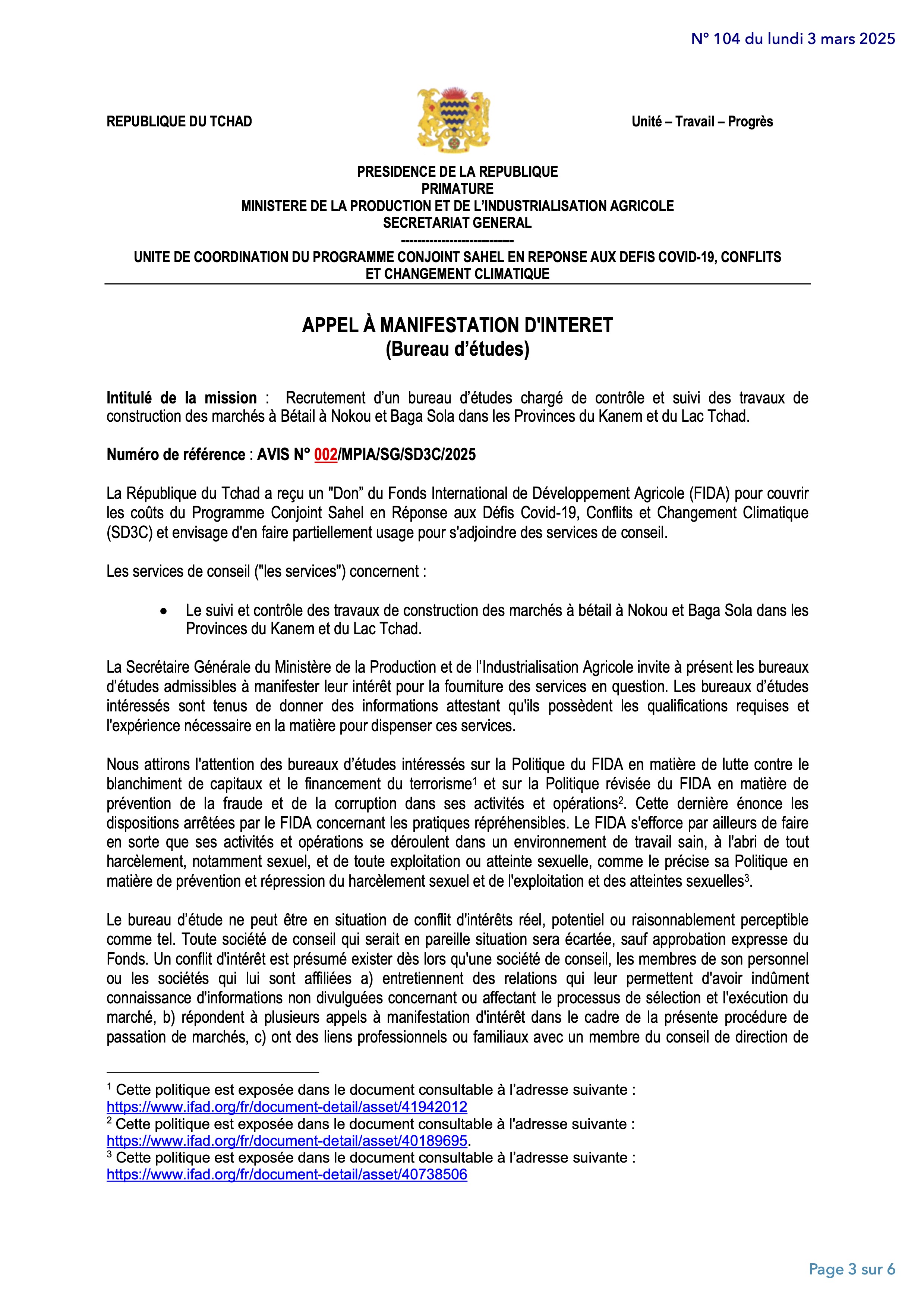 Tchad : Avis (AMI n°002) portant sur le contrôle et le suivi de travaux de construction des marchés de bétail à Nokou (SD3C)