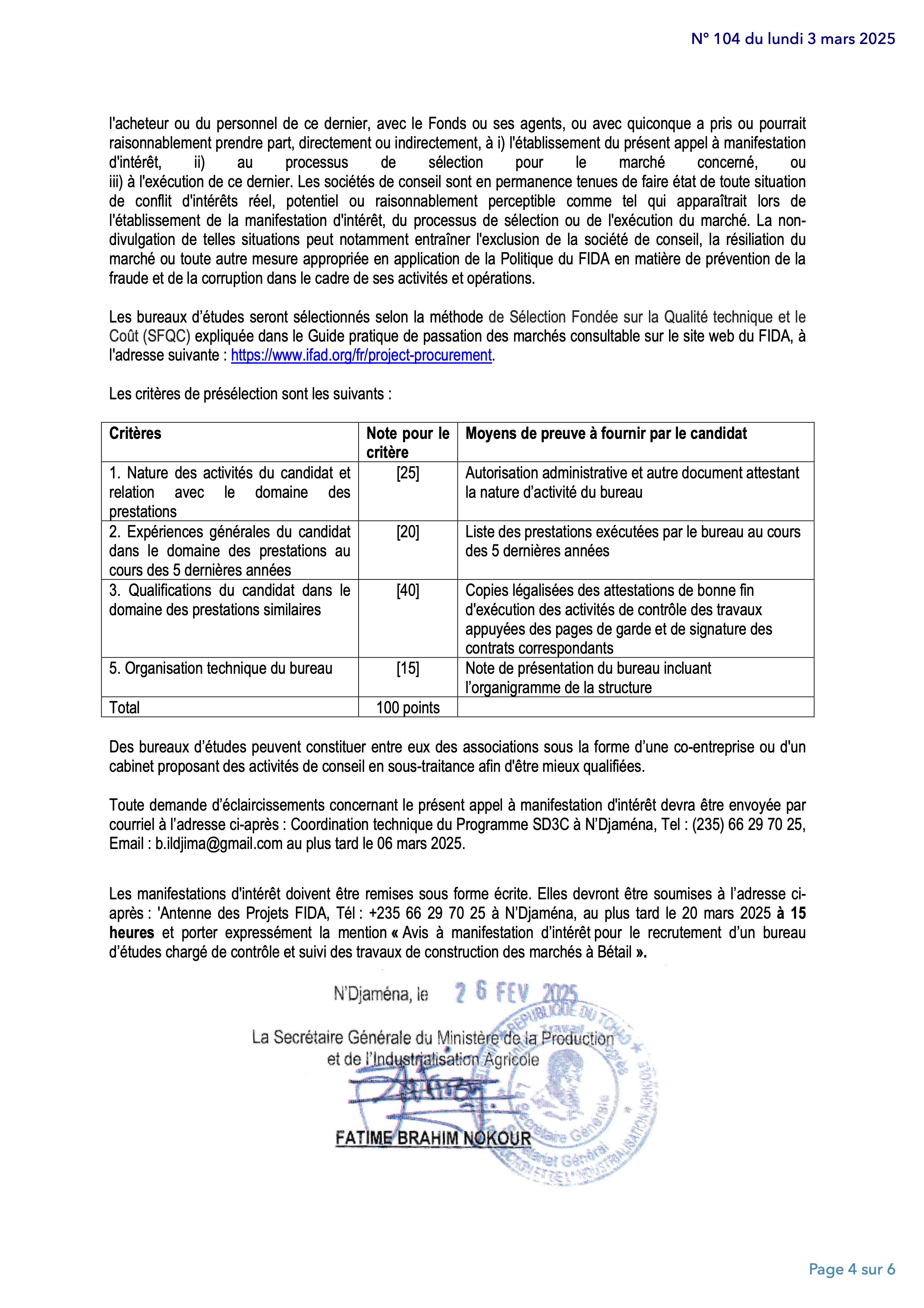 Tchad : Avis (AMI n°002) portant sur le contrôle et le suivi de travaux de construction des marchés de bétail à Nokou (SD3C)