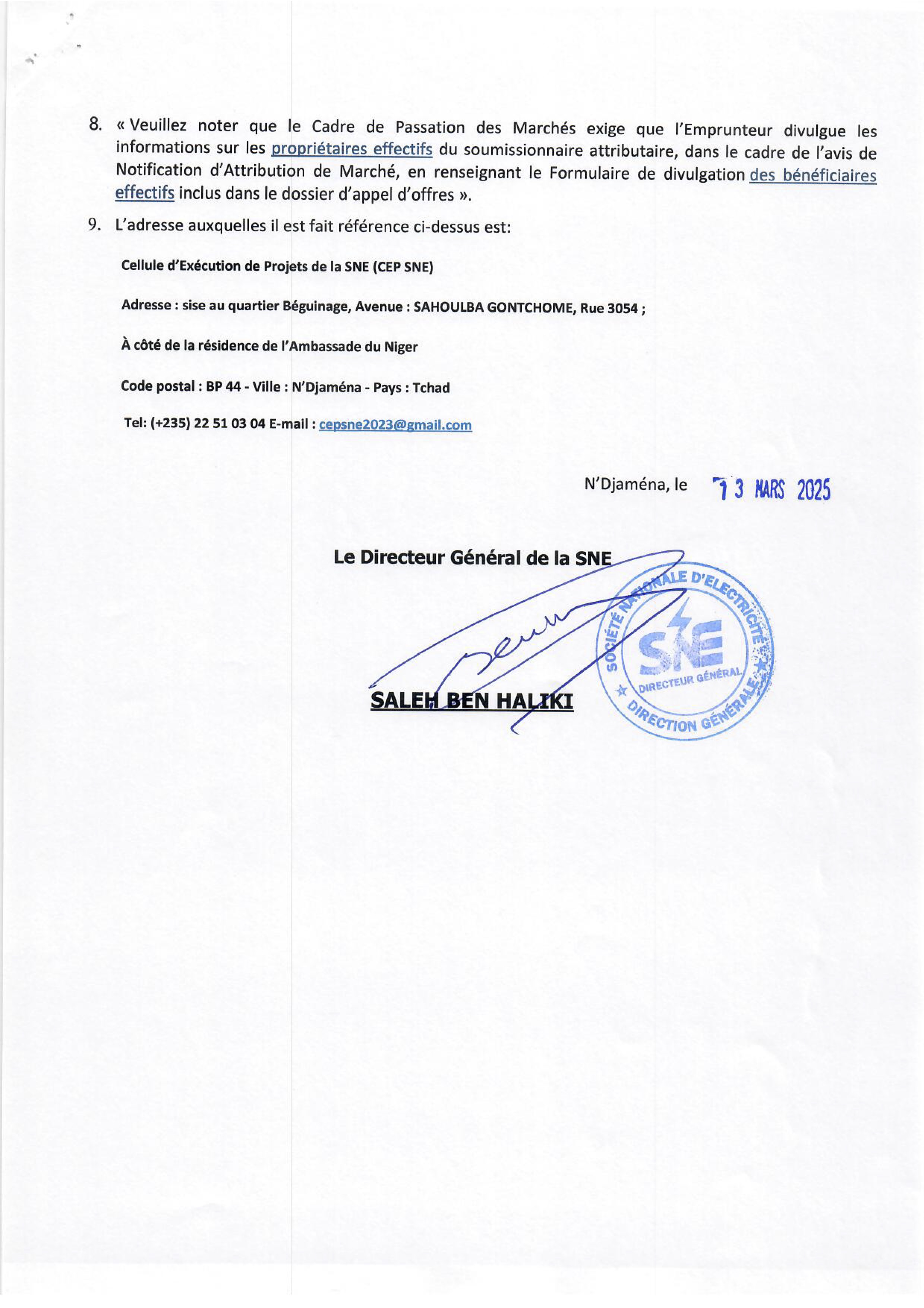 Tchad : Avis d'Appel d'Offres portant sur l'acquisition des équipements de télégestion pour des centrales secondaires (CEP-SNE)