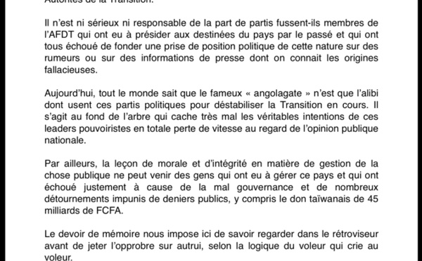 RCA : L'Angolagate n'est qu'un alibi pour déstabiliser la transition en cours (communiqué Primature)