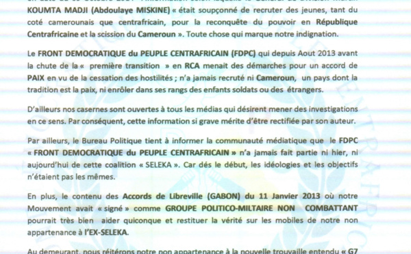 Centrafrique-Cameroun : Un mouvement dément être derrière toute tentative de déstabilisation 